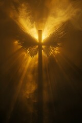 Religious decorative paintings, crosses and angel wings, before the transparent Dundar effect, sunlight through the thin fog, creating a soft divine illumination,