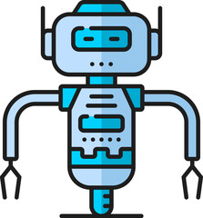 Game futuristic droid, retro virtual bot, alien humanoid robot outline color icon. Robotic technology humanoid droid with clenches, future bot or AI virtual assistant robot linear vector pictogram
