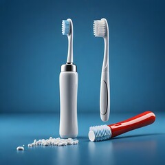 Toothbrushes on blue background. Flat lay composition with manual toothbrushes on color background, close up. vertical photo
