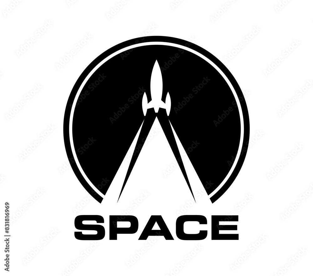 Poster Spaceship or space rocket launch icon of vector space travel and astronomy science. Spaceship, rocket or shuttle carrier startup with smoke trace or takeoff fire flame with planet globe silhouette