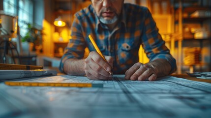 Obraz premium Focused craftsman sketching detailed architectural plan at a wood workshop, surrounded by warm light and woodworking tools.