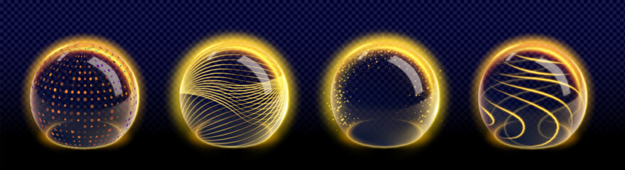 3d sphere shield with abstract barrier effect vector. Energy dome with glass circle space to protect skin from sun uv. Spf care graphic. Magic cyber futuristic element on transparent background © klyaksun