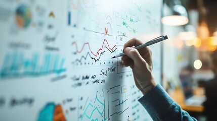 photo close up hand drawing graph in white board, strategy bussines infographic