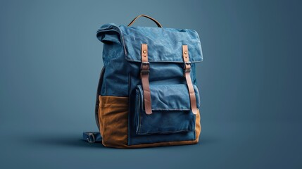 Blue canvas backpack with brown leather accents on a blue background.