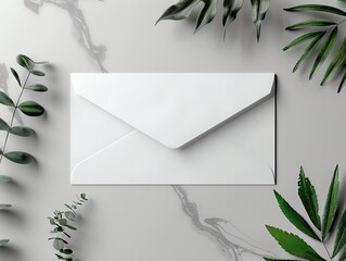 Blank white envelope on a marble background with green leaves.