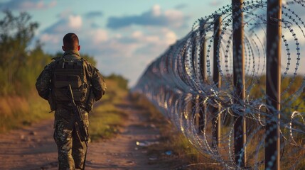 Naklejka premium State Security Concept: Armed guard on border with razor wire fencing in foreground