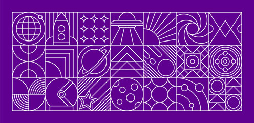 Galaxy space modern geometric pattern. Vector linear grid or mosaic with cosmic themed icons or blocks such as planets, stars and rockets, ufo saucer or galaxy, Moon and saturn on purple background © Vector Tradition