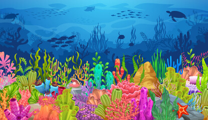 Algae seaweeds underwater landscape. Vector aquatic scene with diverse colorful coral types, fish shoals and lush aquatic plants, showcasing marine fauna, ocean conservation, ecology or game level © Vector Tradition