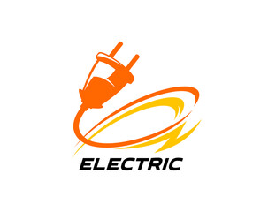 Electric energy icon of power industry. Vector lightning bolt with electric plug and cable swirl isolated symbol of electricity technology. Orange electrical supplies and thunderbolt, power energy