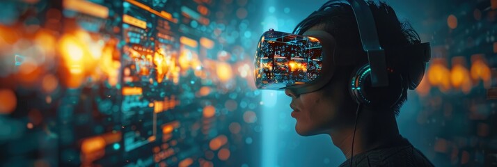 Person exploring virtual reality with VR headset surrounded by futuristic digital interface and immersive technology.