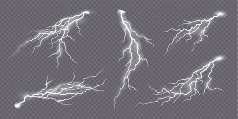 Flash strike lightning effect, thunderstorm electric spark of thunder bolt, realistic vector. Lightning electric charge of thunder light energy or thunderbolt flash sparks on transparent background