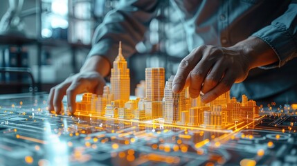 Hands manipulating an illuminated miniature city model, showcasing urban planning and construction concepts in a high-tech environment.