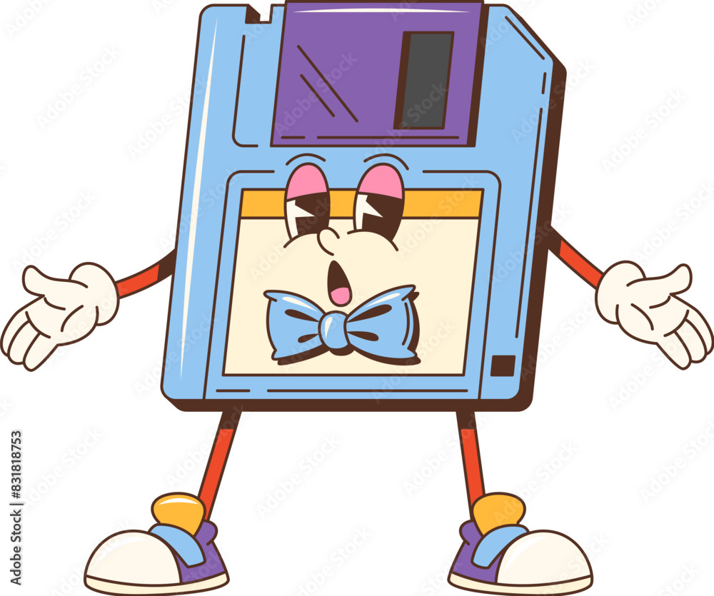 Aufkleber Cartoon groovy diskette character. Isolated vector retro floppy disk personage brings nostalgia and fun. Vintage computer storage with bow tie, gloves and sneakers, embodying cool essence of the 80s