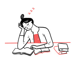Tired sleepy woman student fall asleep on table break from studying exam preparation concept.
