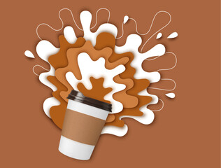 Paper cut coffee with milk cream and drink splash. Realistic 3d vector disposable papercut mug with a dynamic liquid white and brown splatters, expressing energetic beginning of day or love for coffee