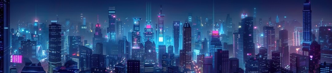 Futuristic cityscape with neon glow and skyscrapers at night