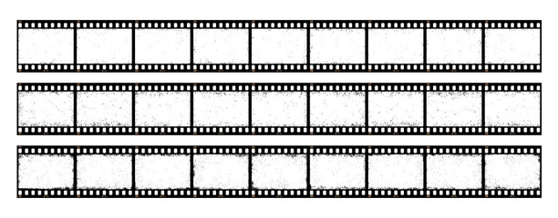 Old grunge movie film long strip, retro cinema filmstrip frames, vector background. Photo cinematography filmstrip for storyboard with grungy background, photograph video reel or movie long film strip