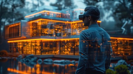 Fototapeta premium Man in virtual reality headset exploring futuristic illuminated smart house at dusk with a modern glass exterior near a tranquil pond.