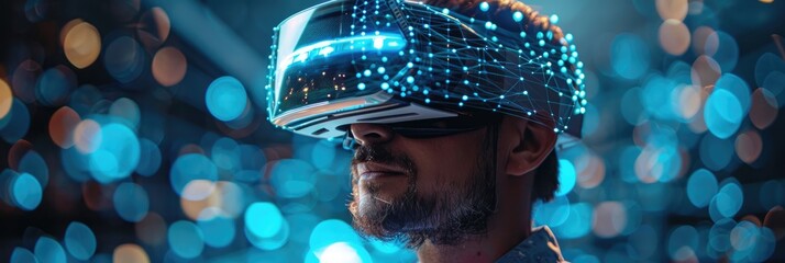 Man using an advanced virtual reality headset in a futuristic environment with bokeh light effects creating an immersive experience.