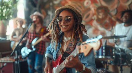 Young multiracial rock and roll band rehearsing in musical studio