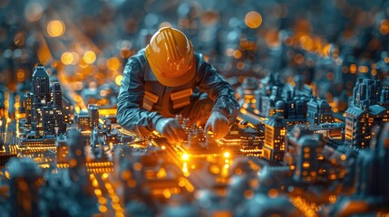 Miniature cityscape with a figure in a hard hat working on illuminated buildings, highlighting urban development and construction technology.