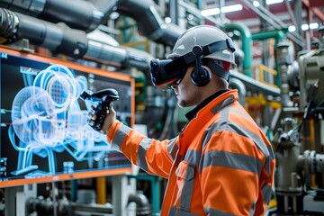 Obraz premium Illustration of Using AR and VR for training, maintenance, and design visualization in industrial environments. Ai Generate.