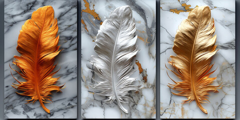panel wall art, wall decoration, marble background with feather designs