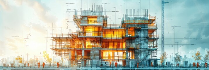Modern architecture under construction with scaffolding at sunset, showcasing a dynamic blend of light and structure. Urban development.