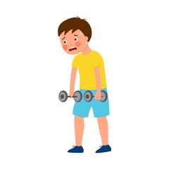 Weak boy try making weight lifting exercise.