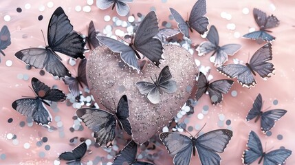 A dusty rose pink backdrop featuring a heart made of grey and silver butterflies, surrounded by sparkling silver glitter, suitable for a nostalgic and elegant baby girl birth announcement.