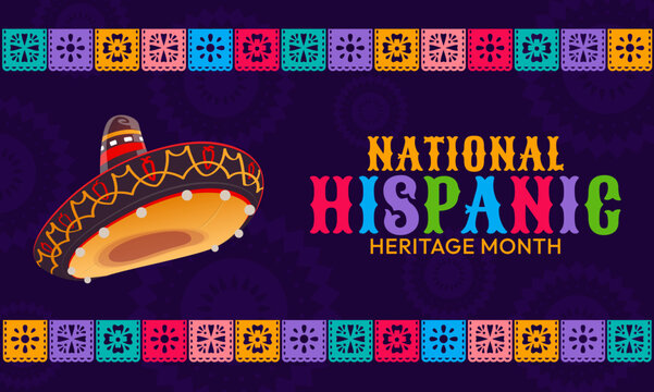 National hispanic heritage month festival banner with sombrero hat and papel picado garland on vector background of mexican and spanish pattern. Latino culture holiday poster of color paper cut flags