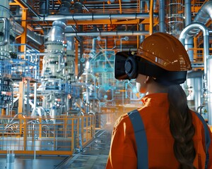 Illustration of Using AR and VR for training, maintenance, and design visualization in industrial environments. Ai Generate.