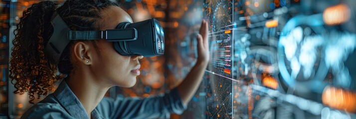Woman using virtual reality headset to interact with futuristic display technology. Immersive VR experience and innovative digital interface. - Powered by Adobe