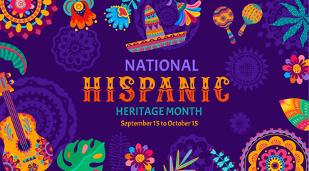 National hispanic heritage month flyer with sombrero, guitar and tropical flowers, maracas and leaves vector frame. Mexican and spanish culture holiday flyer with ethnic floral pattern background © Vector Tradition
