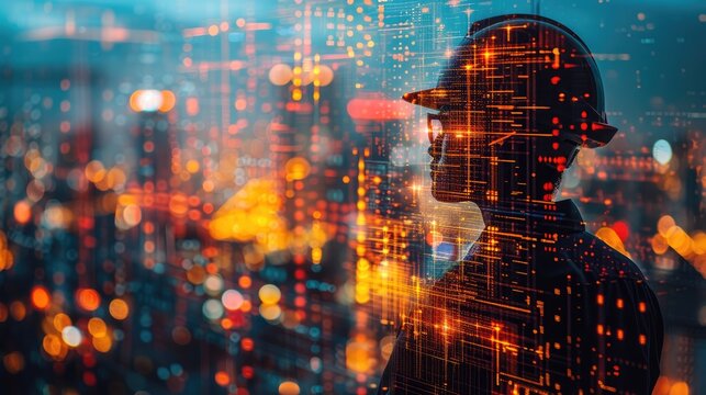 Silhouette of an engineer with a cityscape background overlayed with digital data, symbolizing technology integration in urban planning