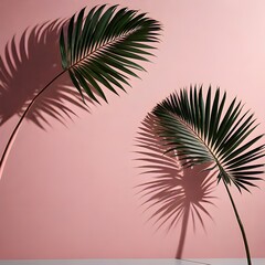 Empty showcase for display or presentation of cosmetic products, stage for design, abstract background with palm leaves and long shadows, modern creative display, selective focus 