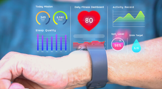 Senior man using AI smartwatch with futuristic hologram infographic display, hi-tech medical watch technology for diagnosis physical health condition, retire elderly doing exercise scanning heart rate