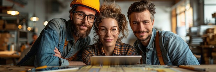 Three young professionals collaborate on a project in a workshop setting, using a digital tablet, showcasing teamwork and creativity.