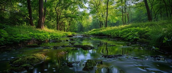 Fototapeta premium Tranquil forest stream with lush greenery and vibrant foliage, creating a serene nature scene perfect for relaxation and peace.