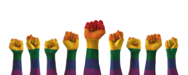 LGBT pride month with rainbow flag pattern on LGBTQ+, LGBTQIA, gay, lesbian people hands isolated on white background for International day against homophobia and transphobia