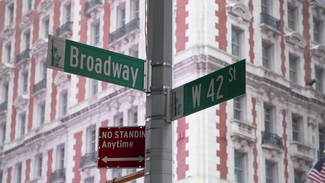 Classic New York City street signage of Broadway and West 42nd Street in Manhattan with large buildings in the background.