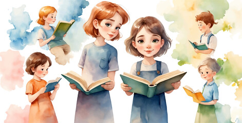 Illustration of Children's Day. Children, books reading in home with friends, learning or diversity for reading at school playground. Kids, education or study with support, water color style 