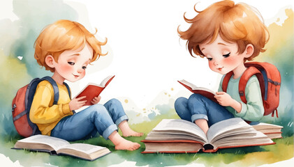 Illustration of Children's Day. Children, books reading in home with friends, learning or diversity for reading at school playground. Kids, education or study with support, water color style 