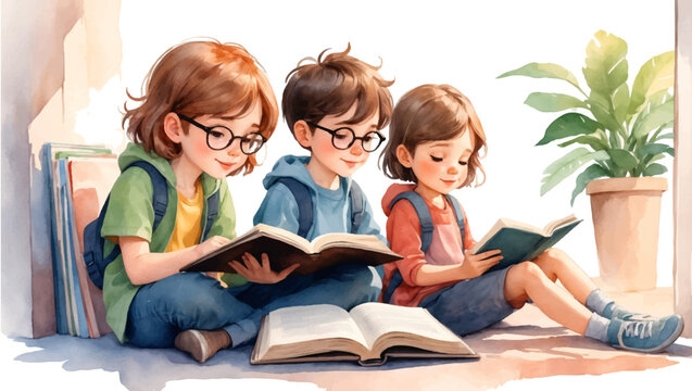Illustration of Children's Day. Children, books reading in home with friends, learning or diversity for reading at school playground. Kids, education or study with support, water color style 
