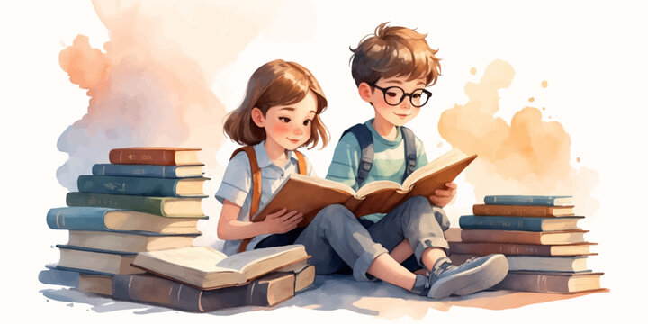 Illustration of Children's Day. Children, books reading in home with friends, learning or diversity for reading at school playground. Kids, education or study with support, water color style 