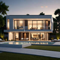 A modern architectural masterpiece with sleek lines and large windows overlooking a meticulously landscaped front yard, bathed in soft afternoon sunlight