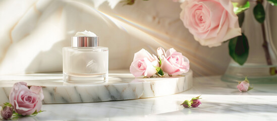 organic cream jar with rose organic aromatherapy and natural skincare concept background