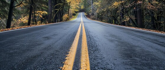 Scenic view of a deserted road through a forest in autumn with vibrant foliage and clear road markings.