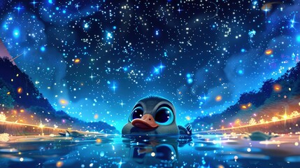 A magical night setting with a cartoon duck swimming under a sky full of stars, its big eyes reflecting the starlight, in a pool with glowing edges.