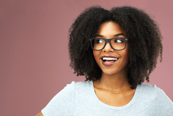 Black woman, studio and glasses with open mouth for thinking or fashion, idea for clothes with...